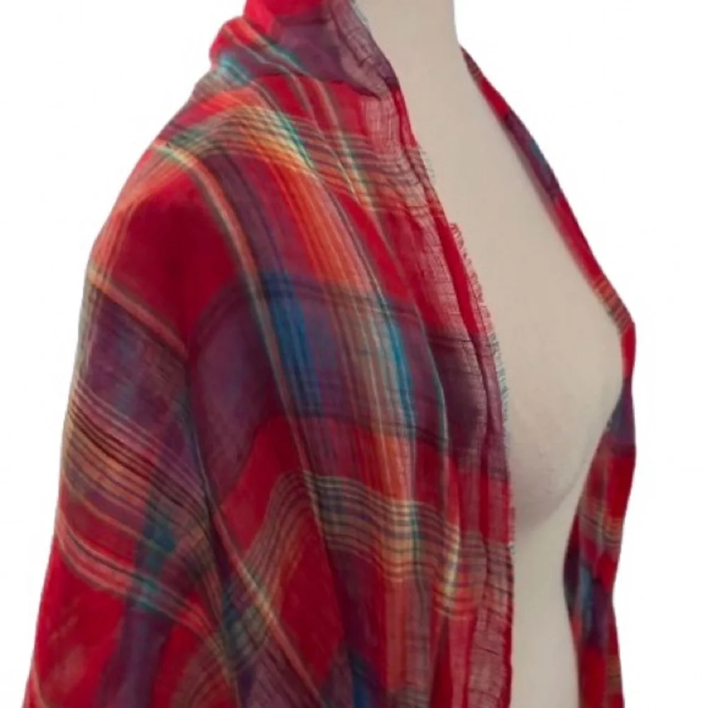 Polo Ralph Lauren Linen Plaid Red Aqua Colorful Linen Scarf Logo Embroidered
